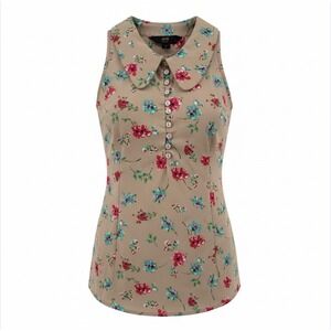 Zink London Womens Small Tan Floral Sleeveless Peter Pan Collar Button Up Top
